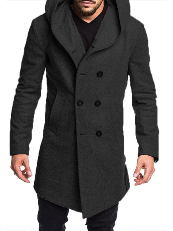 Men's Fashion Long Trench Coat Fleece Hooded Wool Jacket