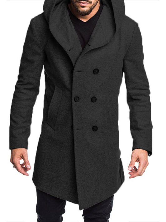 Men's Fashion Long Trench Coat Fleece Hooded Wool Jacket