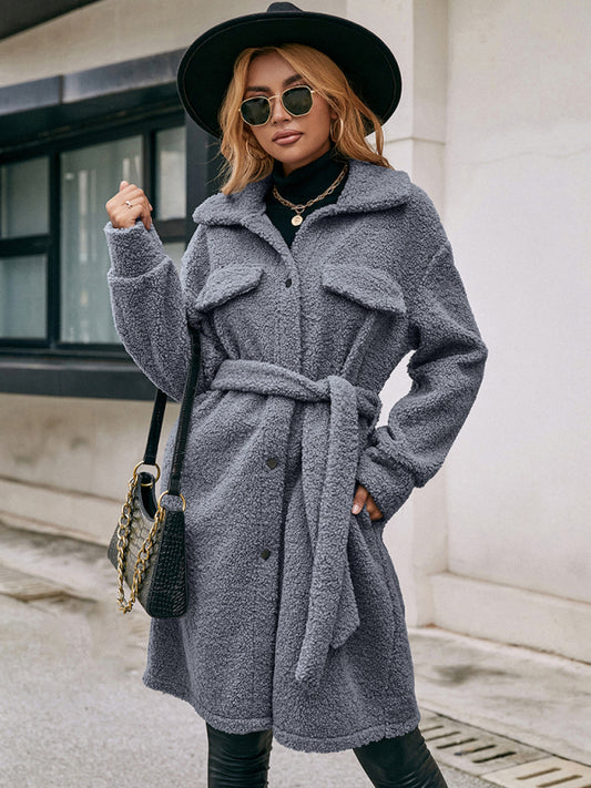 Mid-Length Lapel Belted Single-Breasted Woolen Coat