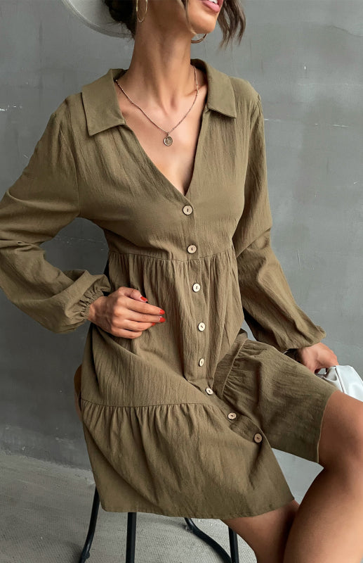 Women's New Lapel V-Neck Button-Embellished Shirt Dress