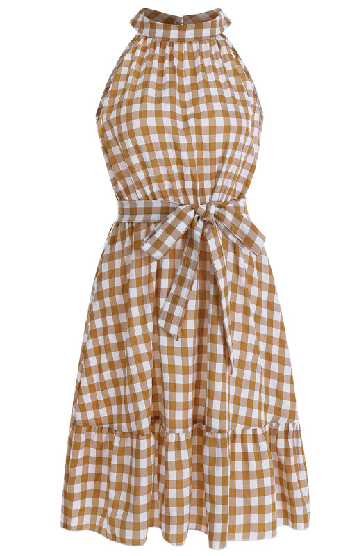 Ladies Spring Summer Fashion Wrap Chest Sleeveless Ruffle Plaid Dress