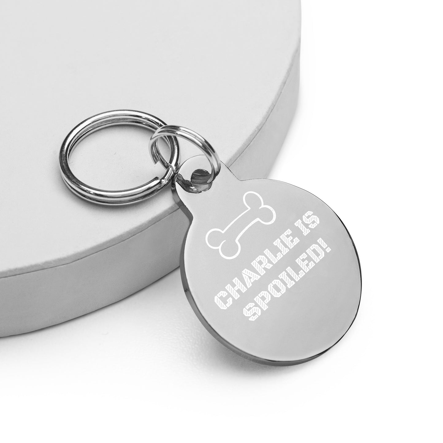 SPOILED DOG BOUTIQUE-CHARLIE IS SPOILED! (Engraved pet ID tag with bone clip art