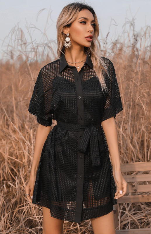 Ladies Lapel Tie Black Mesh Sheer Dress