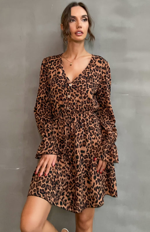 Ladies Leopard Print Flare Long Sleeve V-Neck Dress