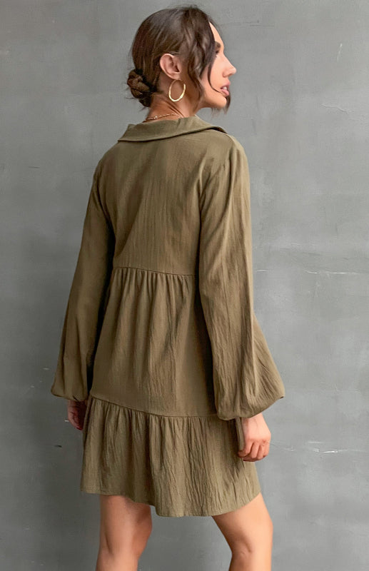 Women's New Lapel V-Neck Button-Embellished Shirt Dress