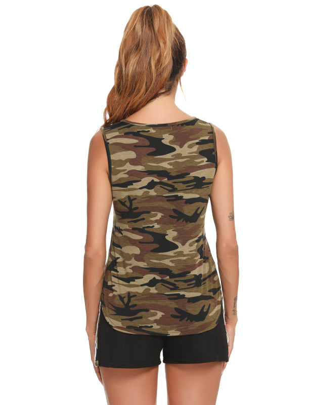 Women's Camouflage Vest And Color Shorts Suit