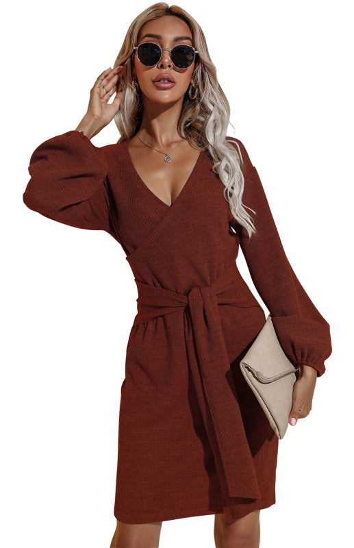 Women's Autumn And Winter New Long-Sleeved Hip V-Neck Tie Solid Color Dress
