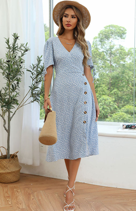 V-Neck Floral Dress Slim Slit Puff Sleeve Dress