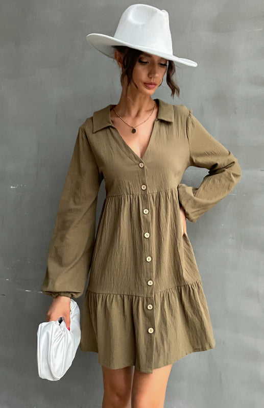 Women's New Lapel V-Neck Button-Embellished Shirt Dress