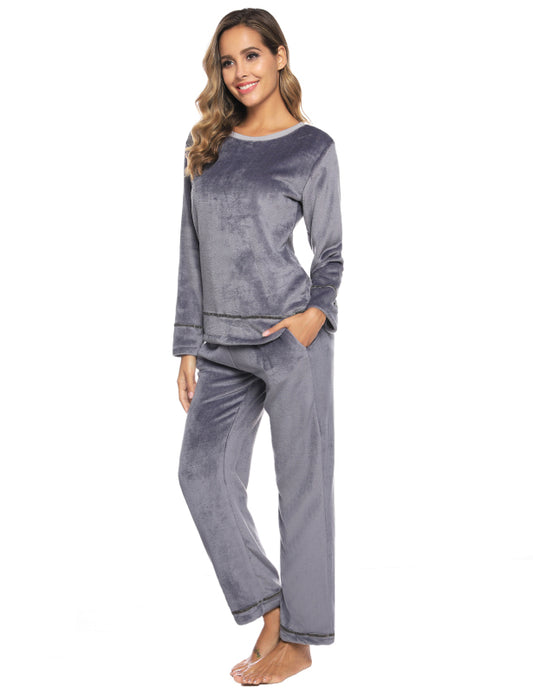 Women'S Fleece Set Winter Flannel Homewear Set Long Sleeve Warm Comfort Pajama Set