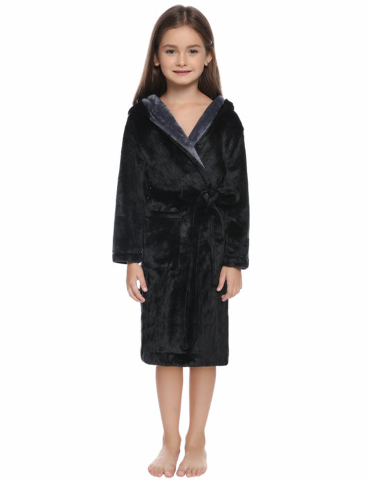 Kid’s Combo Color Hooded Plush Robe With Pockets