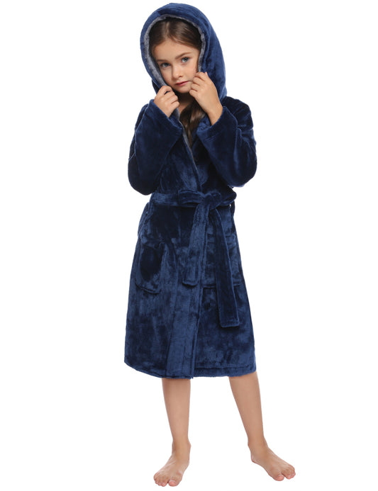 Kid’s Combo Color Hooded Plush Robe With Pockets