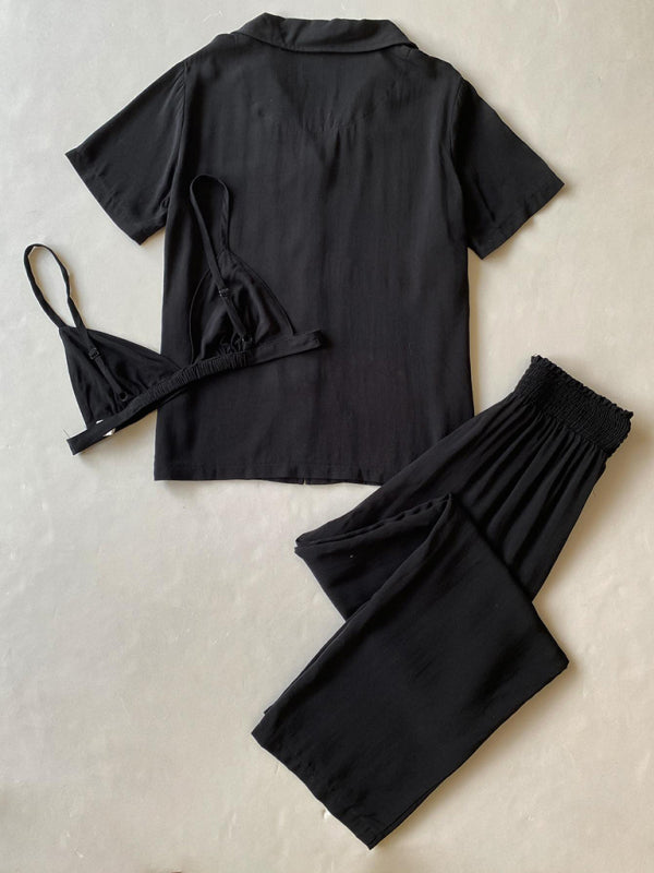 Women's solid color knitted casual pajamas three-piece set