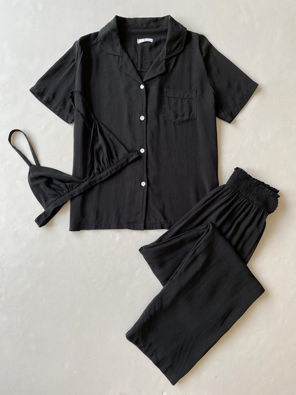 Women's solid color knitted casual pajamas three-piece set