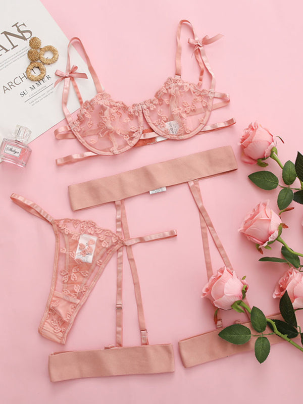 Women's Sexy Lace Embroidery Mesh See-Through Sexy Lingerie Three-piece Set