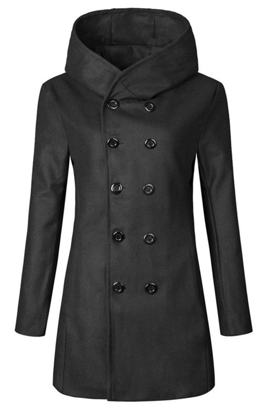 Men's Solid Color Slim Fit Hooded Woolen Coat Double Breasted Trench Coat