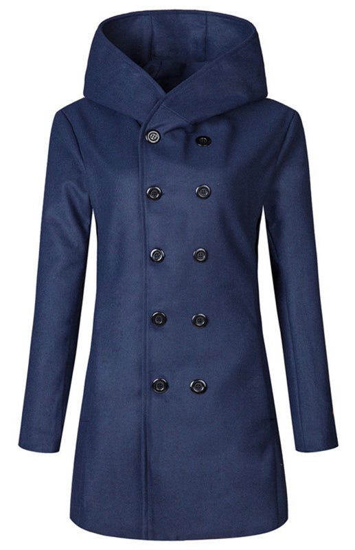 Men's Solid Color Slim Fit Hooded Woolen Coat Double Breasted Trench Coat