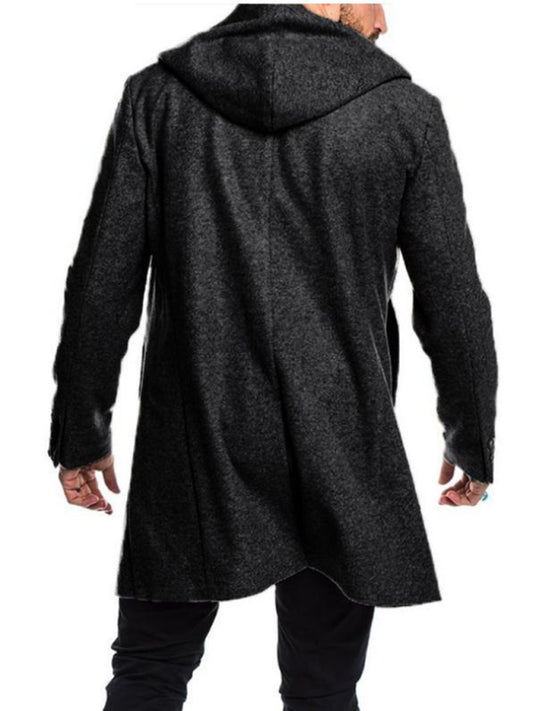 Men's Fashion Long Trench Coat Fleece Hooded Wool Jacket