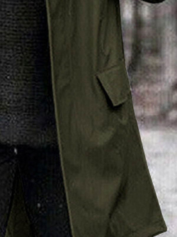 Men's Casual Solid Color Trench Coat Warm Zip Hooded Long Coat