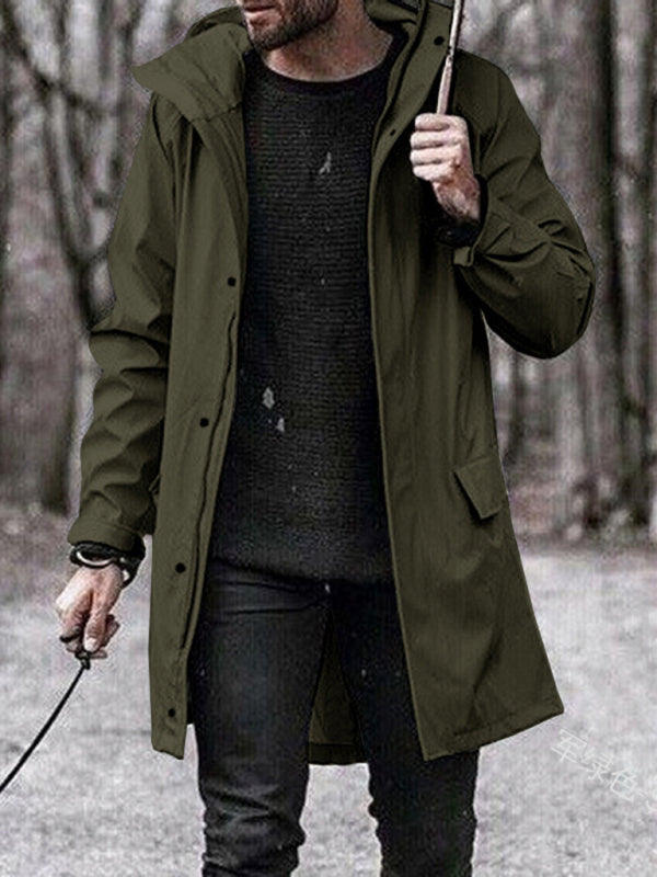 Men's Casual Solid Color Trench Coat Warm Zip Hooded Long Coat