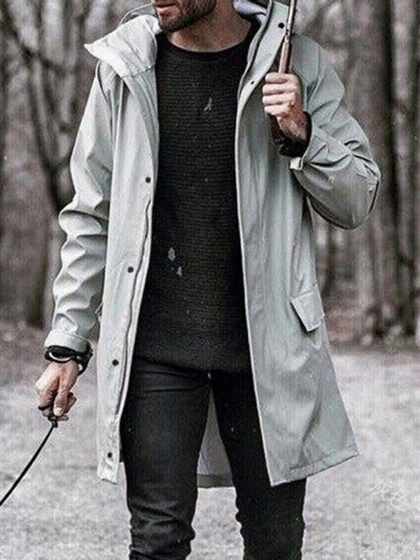Men's Casual Solid Color Trench Coat Warm Zip Hooded Long Coat