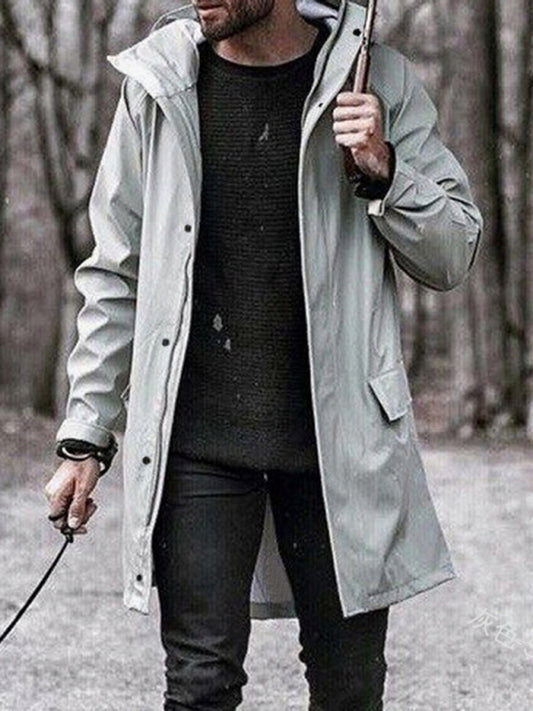Men's Casual Solid Color Trench Coat Warm Zip Hooded Long Coat