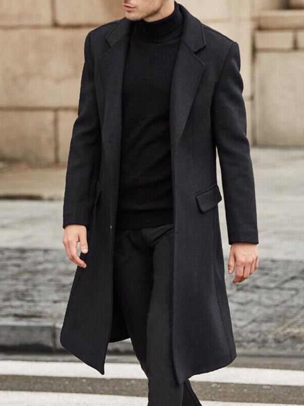 Men's Fashion Lapel European and American British Men's Long Trench Coat Woolen Coat