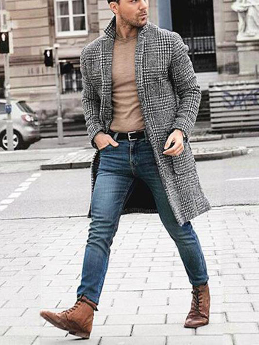 Retro Simple Mid-length Plaid Youth Woolen Coat Men's Coat