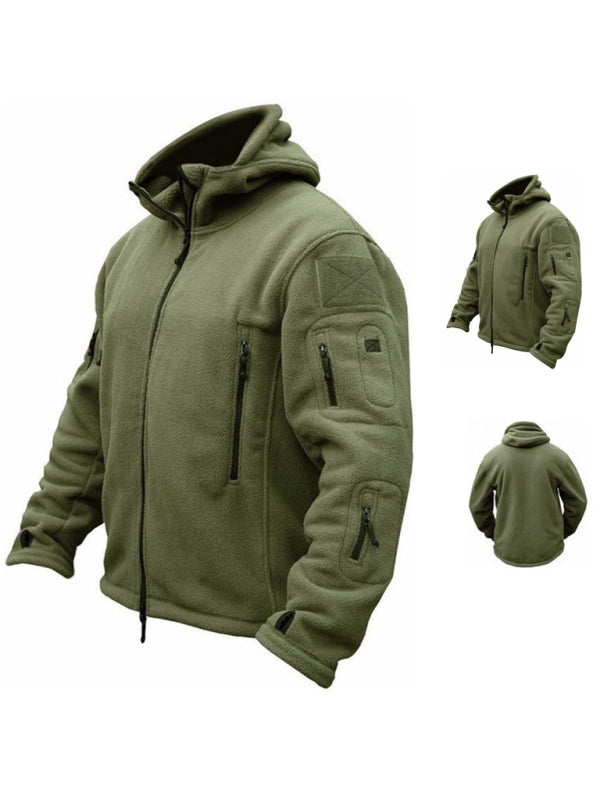 Men's Outdoor Warm Liner Fleece Jacket Cold-Proof Jacket Wind Hood Solid Color Hooded Jacket