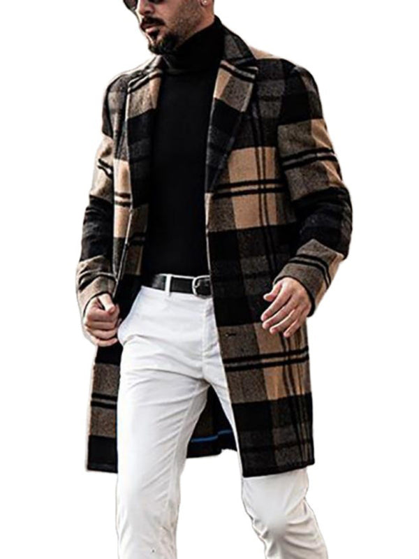 Men's Casual Fashion Plaid Coat Mid Length Coat Coat