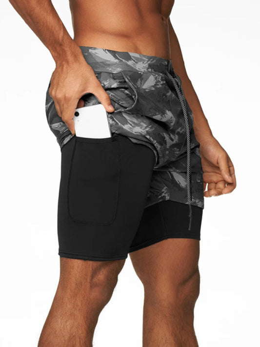 Men's 2-in-1 Shorts Sports Allover Camo Print Drawstring Shorts