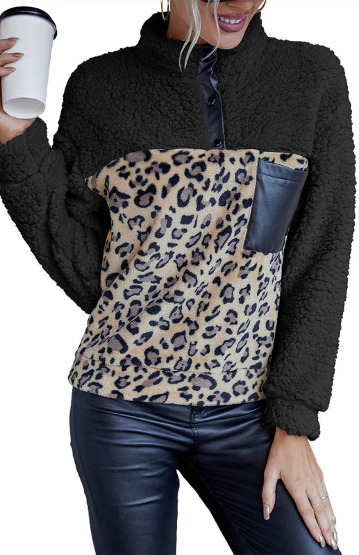 Women Leopard Fleece Hoodie Pullover Sweaters