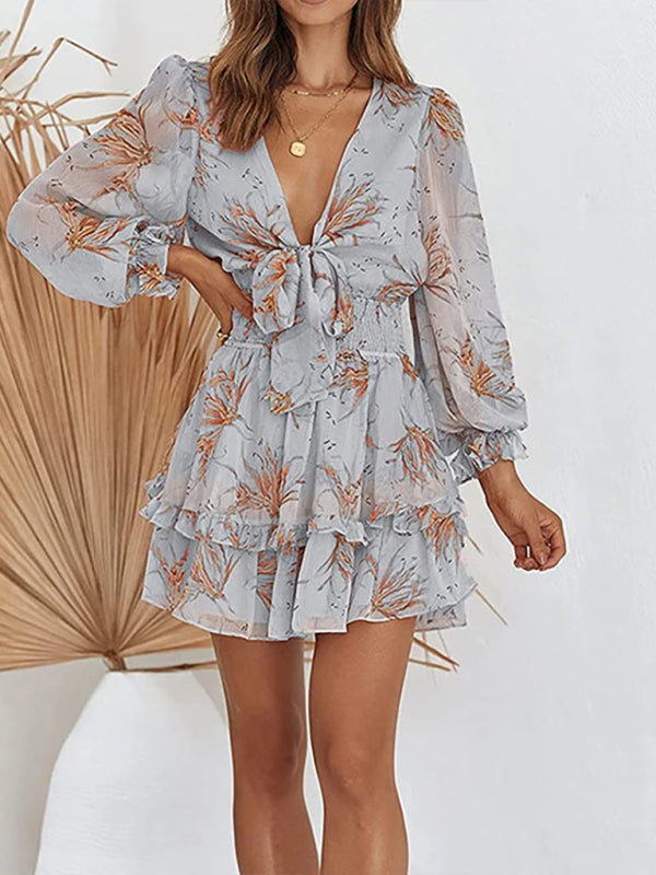 Sexy Lace-Up Ruffle V-Neck Waist-Skimming Dress