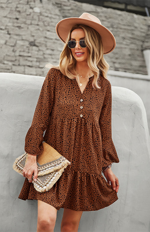 Women's Fashion Leopard Print V-Neck Dress