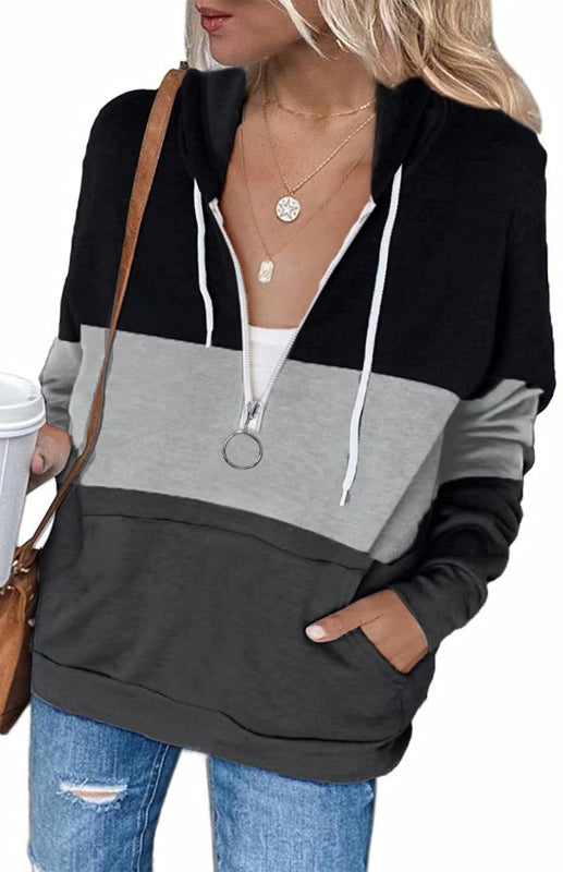 Women's Long Sleeve Patchwork Color Zipper  Hoodie Coat