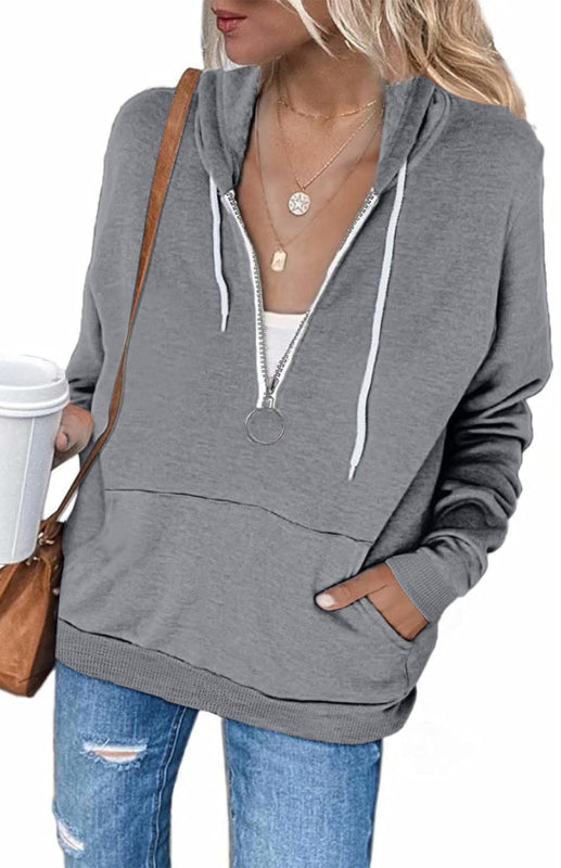 Women's Long Sleeve Patchwork Color Zipper  Hoodie Coat