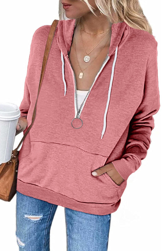 Women's Long Sleeve Patchwork Color Zipper  Hoodie Coat
