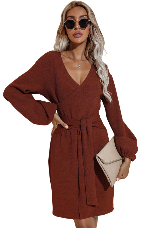 Women's Autumn And Winter New Long-Sleeved Hip V-Neck Tie Solid Color Dress
