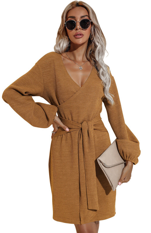 Women's Autumn And Winter New Long-Sleeved Hip V-Neck Tie Solid Color Dress