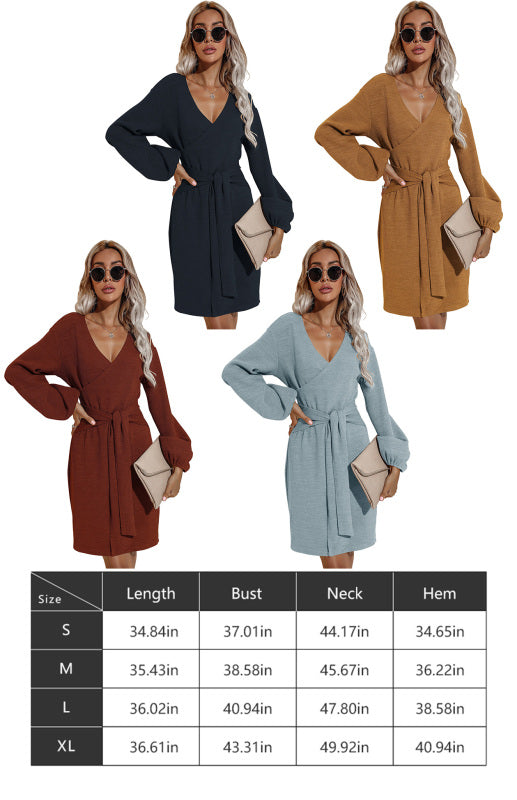 Women's Autumn And Winter New Long-Sleeved Hip V-Neck Tie Solid Color Dress