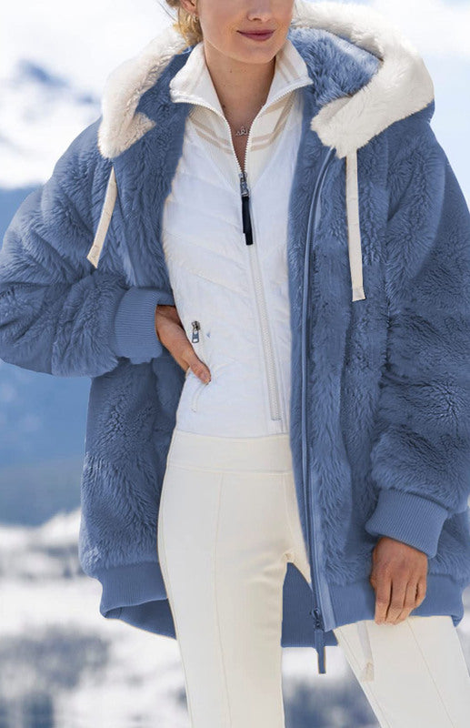 Women's Autumn And Winter Loose Pure Plush Zipper Hooded Coat