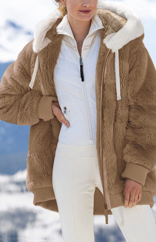 Women's Autumn And Winter Loose Pure Plush Zipper Hooded Coat