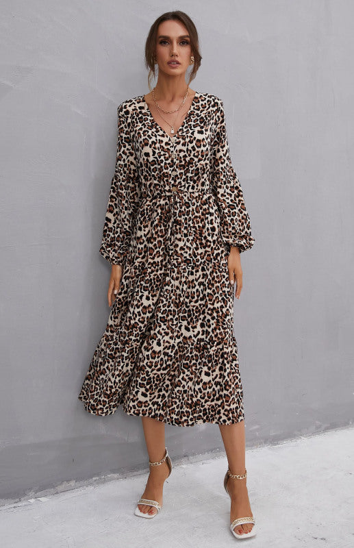 Ladies V-Neck Ruffled Leopard Print Dress