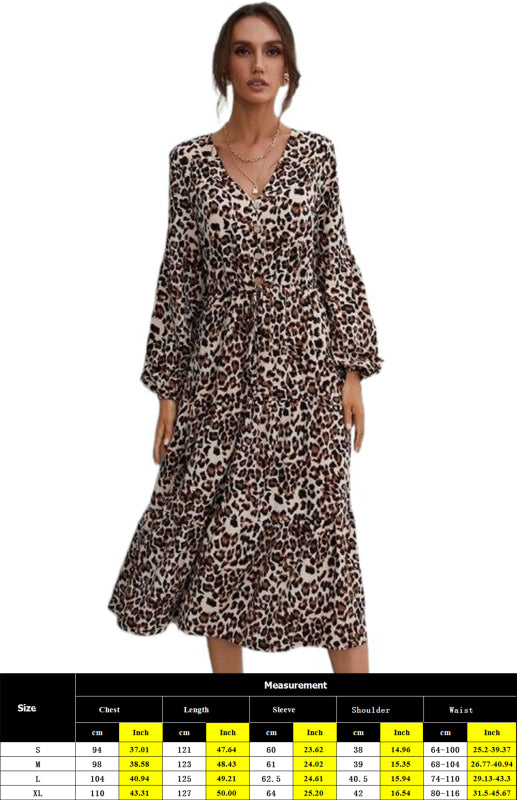 Ladies V-Neck Ruffled Leopard Print Dress