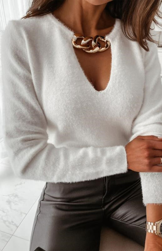 Autumn Winter Simple Long Sleeve V-Neck Decorative Chain Plush T-Shirt