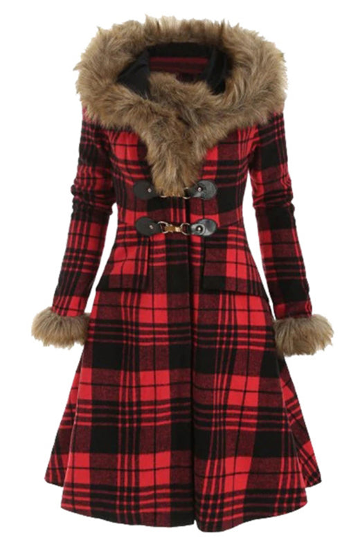 A Hooded Fur Coat With Alloy Buttons And Long Sleeves Of Plaid
