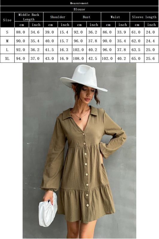 Women's New Lapel V-Neck Button-Embellished Shirt Dress