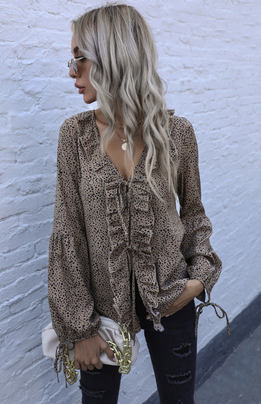 Women's Loose Leopard-Print V-Neck Long-Sleeve Chiffon Shirt With Ruffle Trim