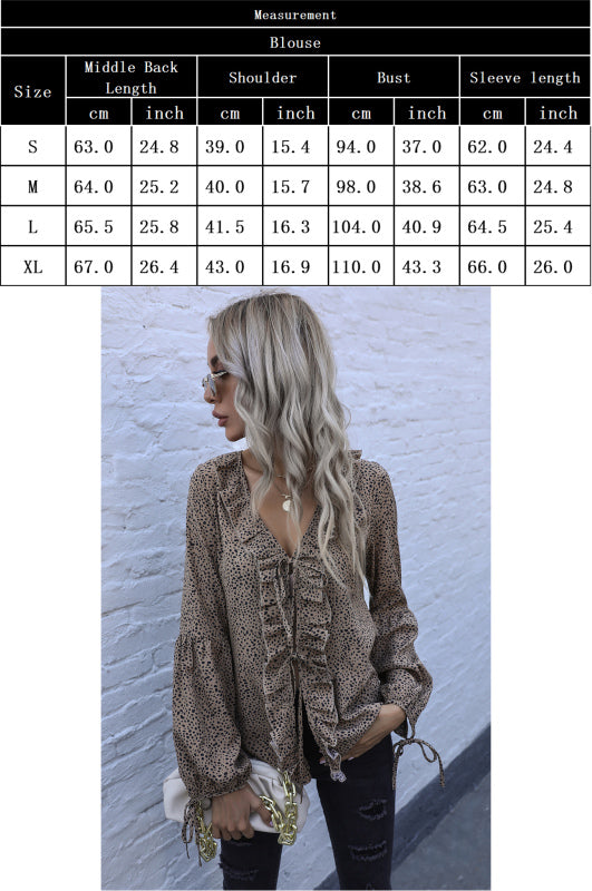 Women's Loose Leopard-Print V-Neck Long-Sleeve Chiffon Shirt With Ruffle Trim