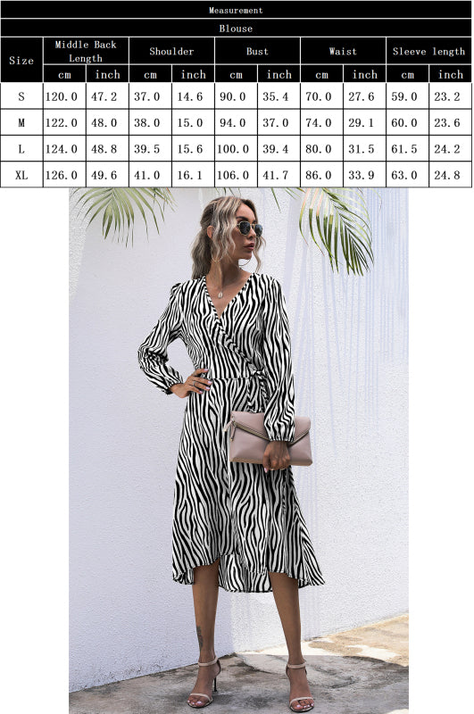 Women's Wrap-Around Long-Sleeve Zebra-Print Cross V-Neck Tie Dress